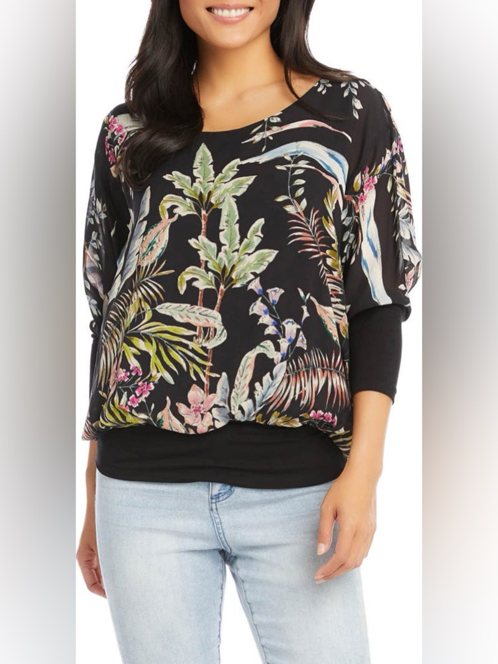Karen Kane blouson sleeve top featuring a tropical print 3x